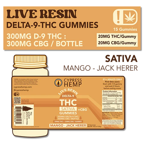 Live Resin 300mg Delta 9 THC Sativa Gummies (Mango - Jack Herer)